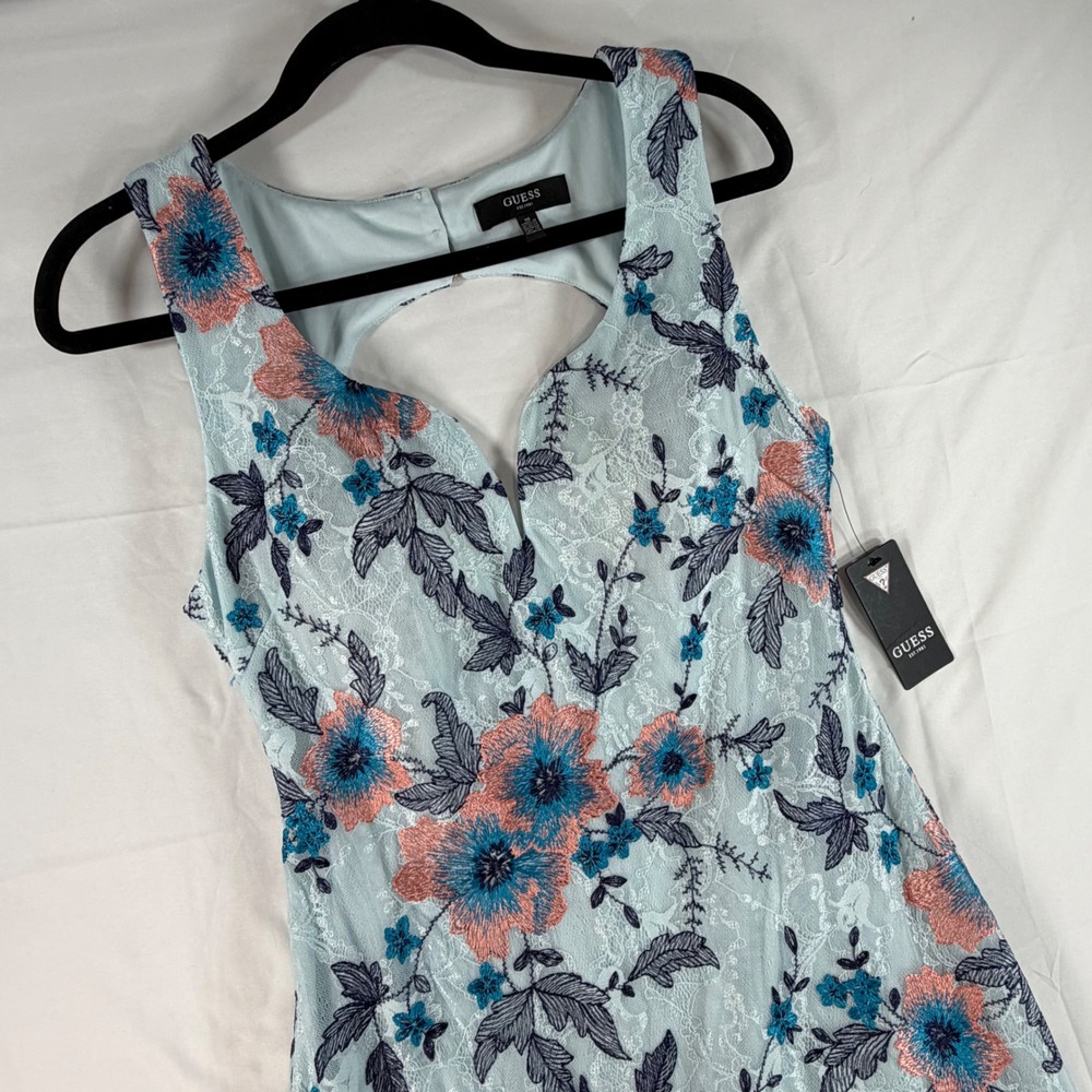 Guess Womens Light Blue Floral Lace Open Back‎ Sheath Dress Size 10 New
